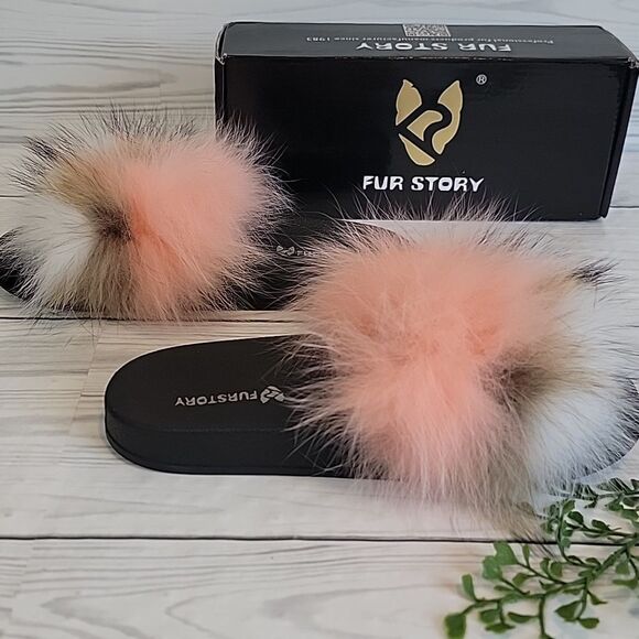 Fur Story Fluffy Fox Fur Slide Sandals Brown White And Pink Womens Size 9 - Picture 3 of 9